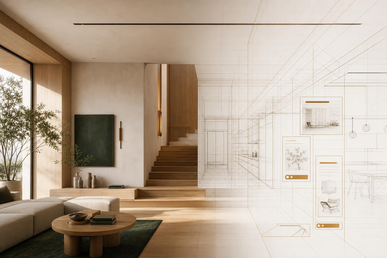 Espacio arquitectónico cálido de roble y microcemento que se transforma en un wireframe con paneles de interfaz digital